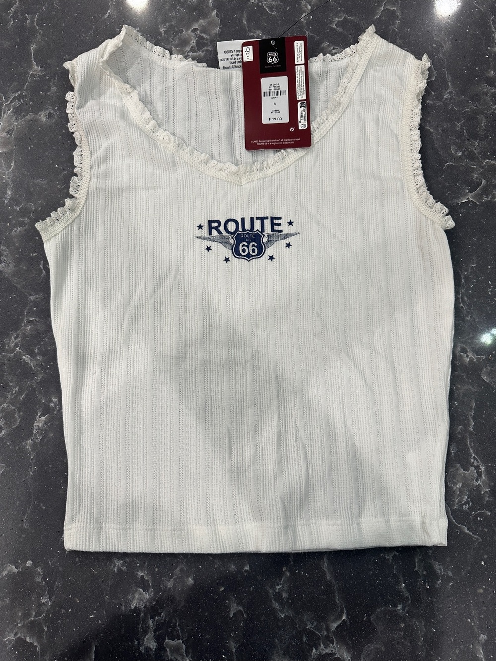 Route 66 Women's Cream Ribbed Lace-Trim Tank Top Small